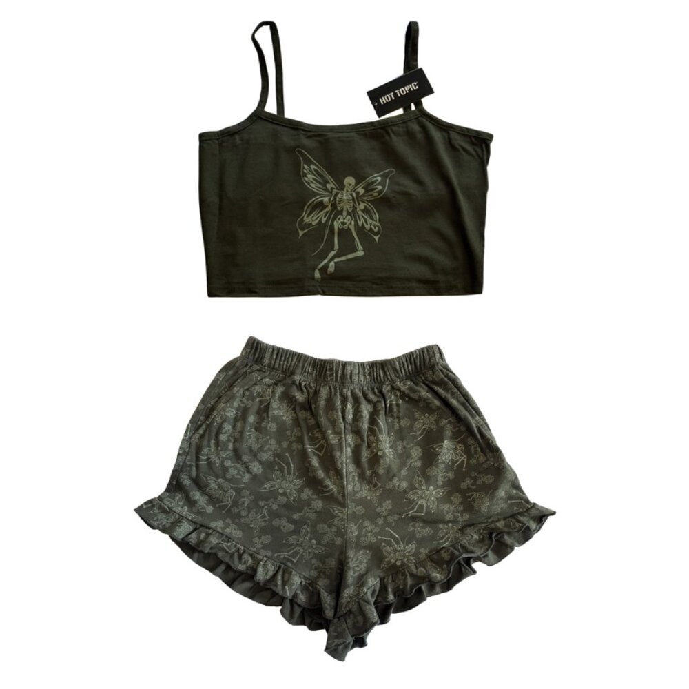 💀 Hot Topic Green Butterfly Skeleton Tank Top & Ruffled Shorts Lounge Set 💀